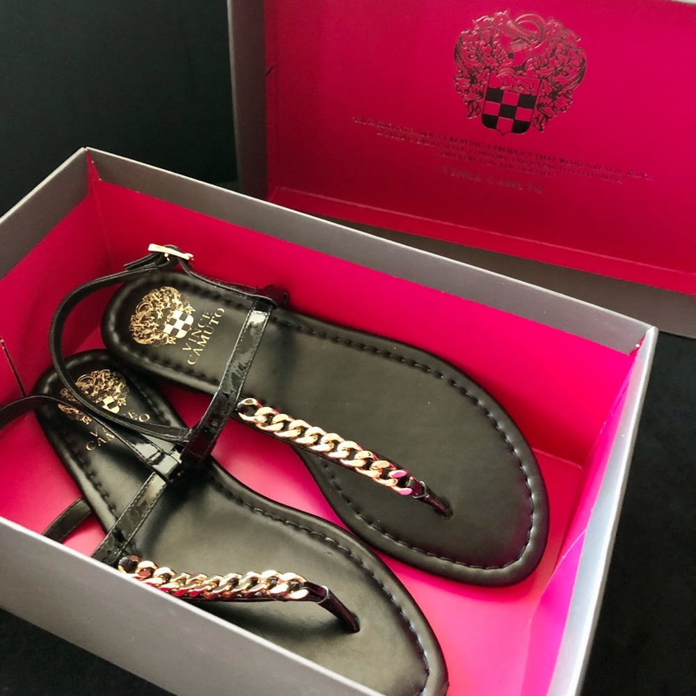 Vince Camuto black and gold sandal.